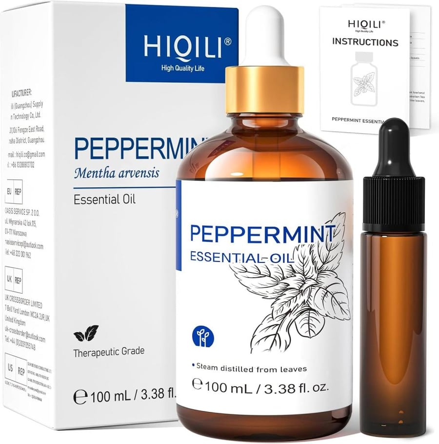 HIQILI Peppermint Essential Oil, 100% Pure Natural Organic Therapeutic Grade for Diffuser, Hair, Massage, Add to Spray, Shampoo, Conditioner, Massage Oil - 3.38 Fl. Oz