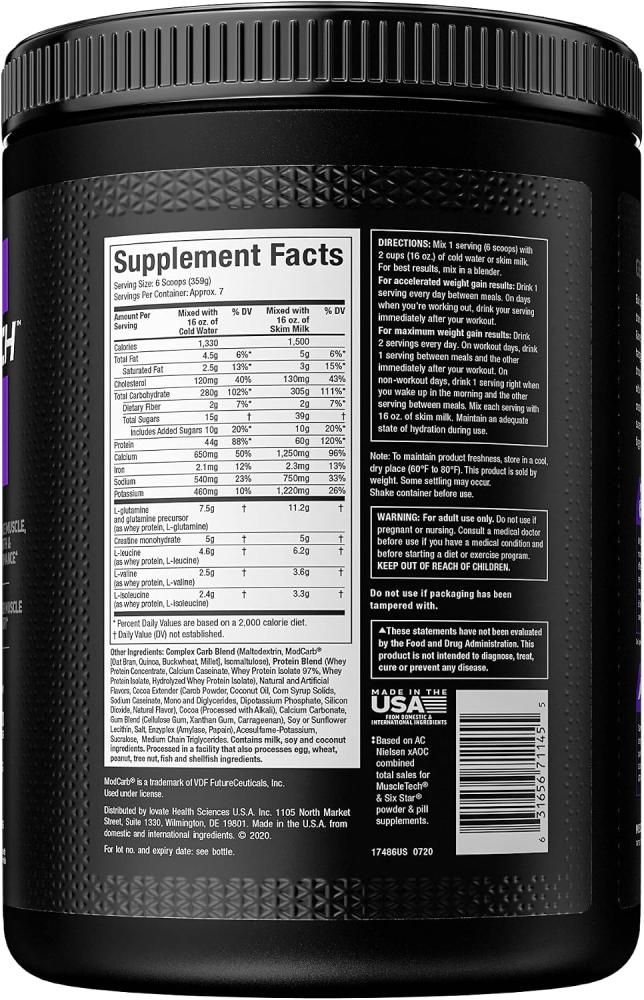 Muscletech 100% Mass Gainer High-Protein Powder Enhance Muscle, Strength, Performance & Quicker Muscle Recovery - 5g Creatine, 305g Carbs & 1500 Calories, Chocolate Fudge Brownie Flavor 5.15 lbs
