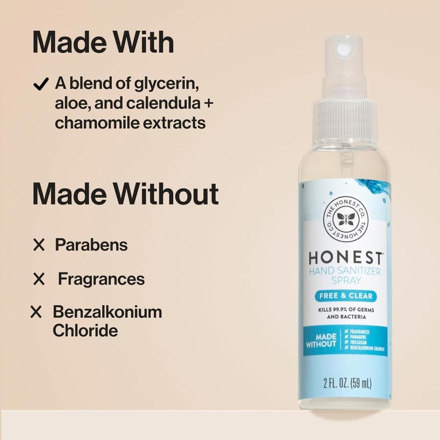 The Honest Company Plant-Based Hand Sanitizer Spray | Kills 99.9% of Germs | Hypoallergenic, Quick-drying + Moisturizing | Fragrance Free, 2 fl oz