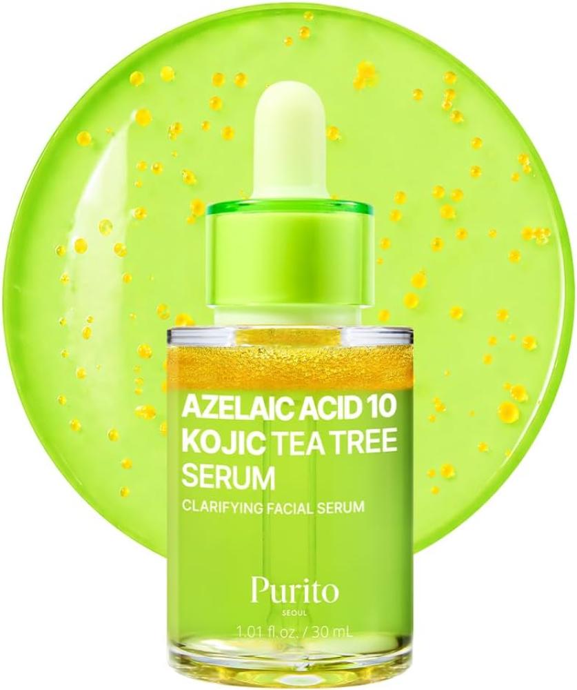 PURITO Azelaic Acid 10 Kojic Tea Tree Serum, Korean Facial Serum for Breakouts, Acne-Prone Skin, Marks, Pore Care & Even Tone, 20% Triple Active Formula with Tea Tree Capsules, 30 ml 1.01 fl.oz