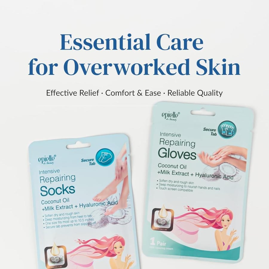 Epielle Intensive Repairing Masks for Hand and Foot - 6 Glove & 6 Socks Dry Hand, Dry & Cracked Heel to Toe Spa Masks Coconut Oil + Milk Extract,Mothers Day Gifts