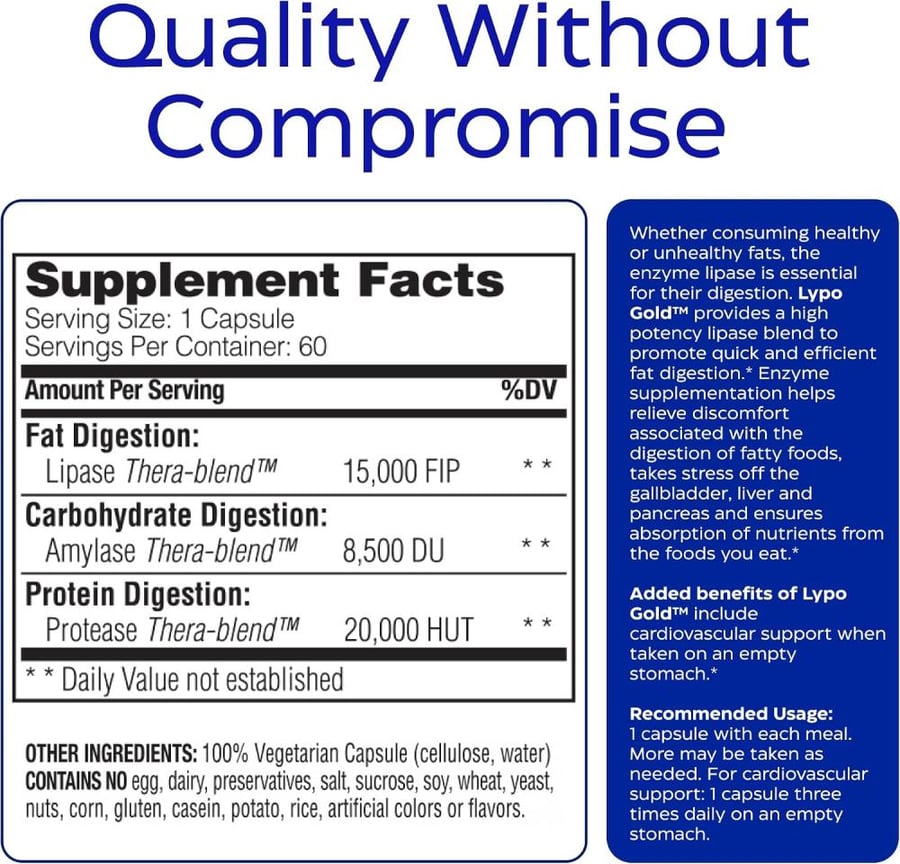 Enzymedica Lypo Gold, For Fat Digestion, 60 Capsules