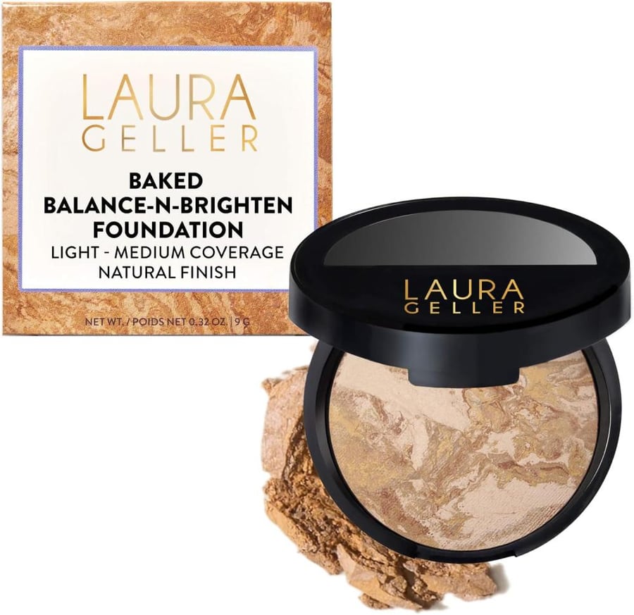 LAURA GELLER NEW YORK Award-Winning Baked Balance-n-Brighten Color Correcting Powder Foundation - Medium - Buildable Light to Medium Coverage - Demi-Matte Natural Finish