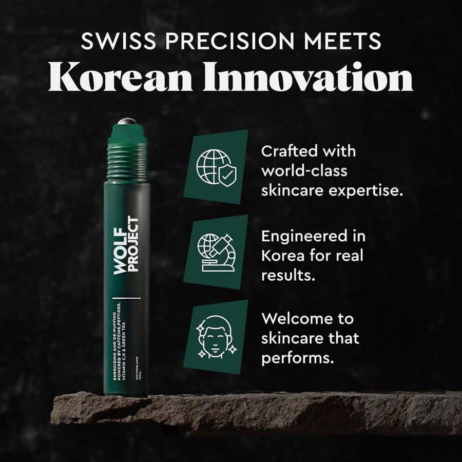 The Wolf Project Under Eye Roller with Caffeine, Vitamin C and Peptides - Energizing Serum for Dark Circles and Puffiness, Fine Lines, Wrinkles - Gel-Based Brightening Cream