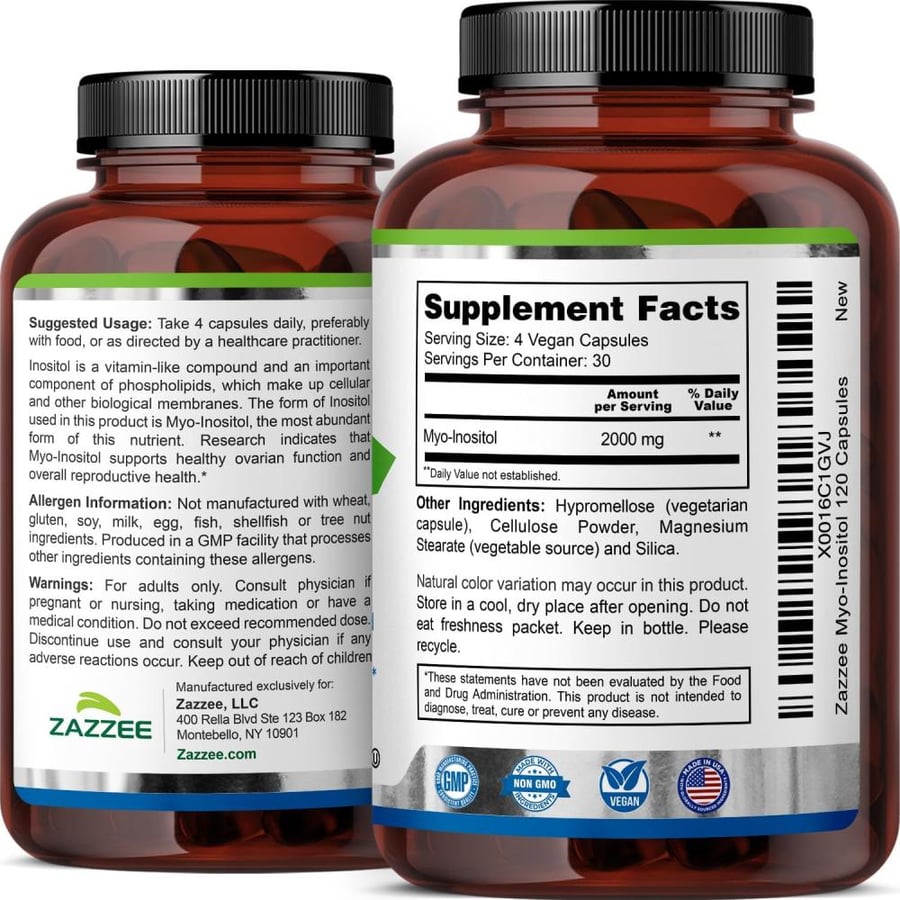Zazzee Myo Inositol 120 Vegetarian Capsules, Containing 2000mg
