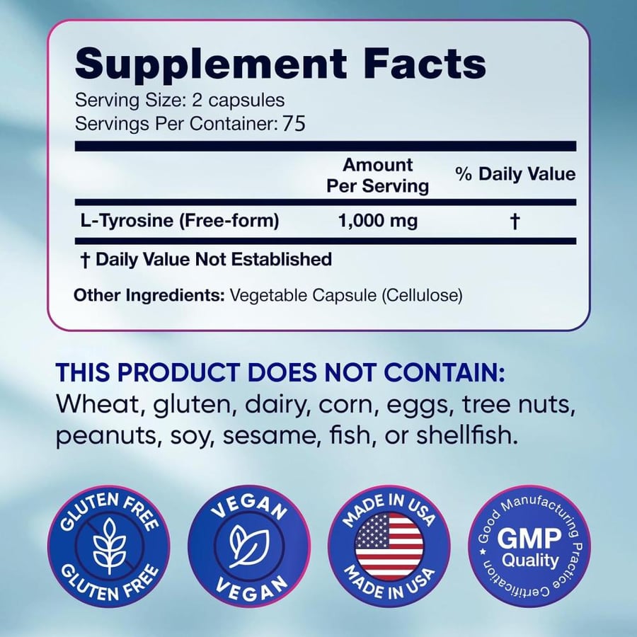 L Tyrosine 1000MG Capsules - All-Natural L- Tyrosine Supplement for Focus & Energy Boost - Non-GMO & Gluten-Free - Vegan L Tryosine 180 Caps - L-tyrosine 500mg x 2 per Serving