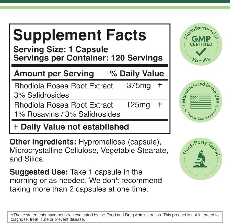 Rhodiola Rosea Supplement 500mg, 120 Vegan Capsules (Made and Tested in The USA, 3% Salidrosides, 1% Rosavins Extract) Natural Stress Level Support Pills by Double Wood Supplements