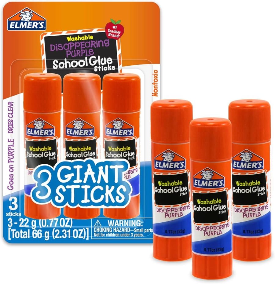 Elmer's Disappearing Purple School Glue Sticks, Washable, 22 Grams, 3 Count