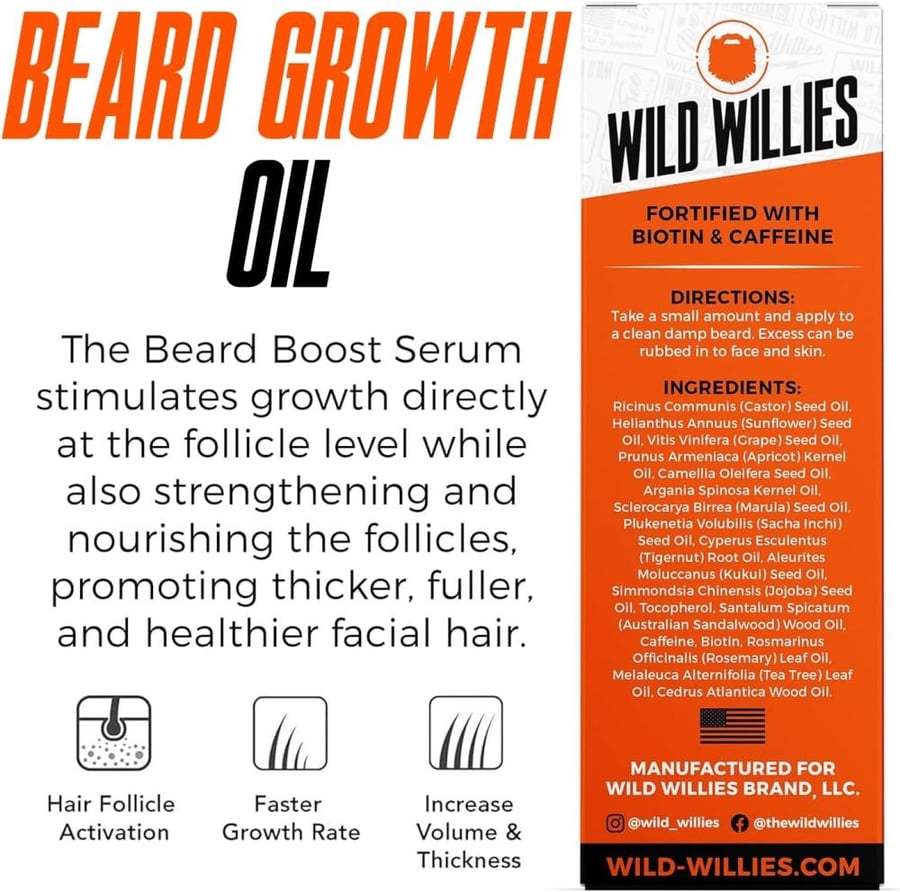 Beard Growth Serum with Biotin & Caffeine â€“ Naturally Powerful, Full, Thick, Masculine Facial Hair Treatment infused with Biotin and Caffeine for Men by Wild Willies
