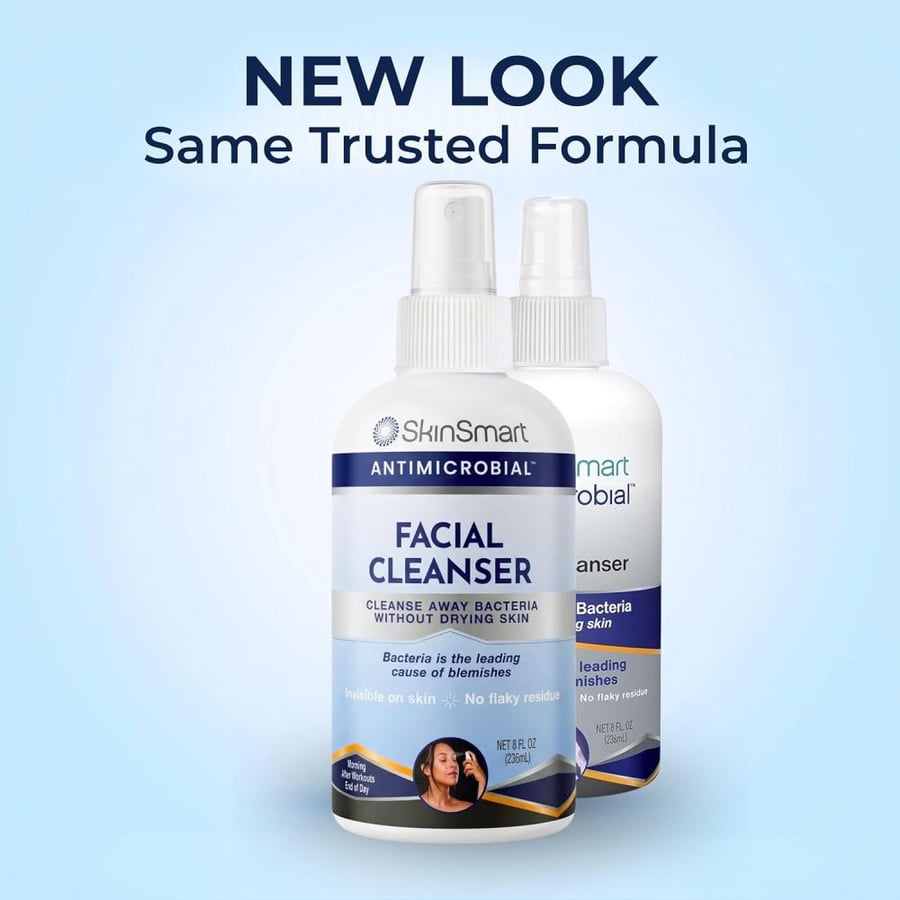 SkinSmart Facial Cleanser for Acne, Targets Bacteria for Active Teenage Athletes Post Workout and Adult Acne, 8 oz Spray Bottle, Safe for Multiple Daily Uses