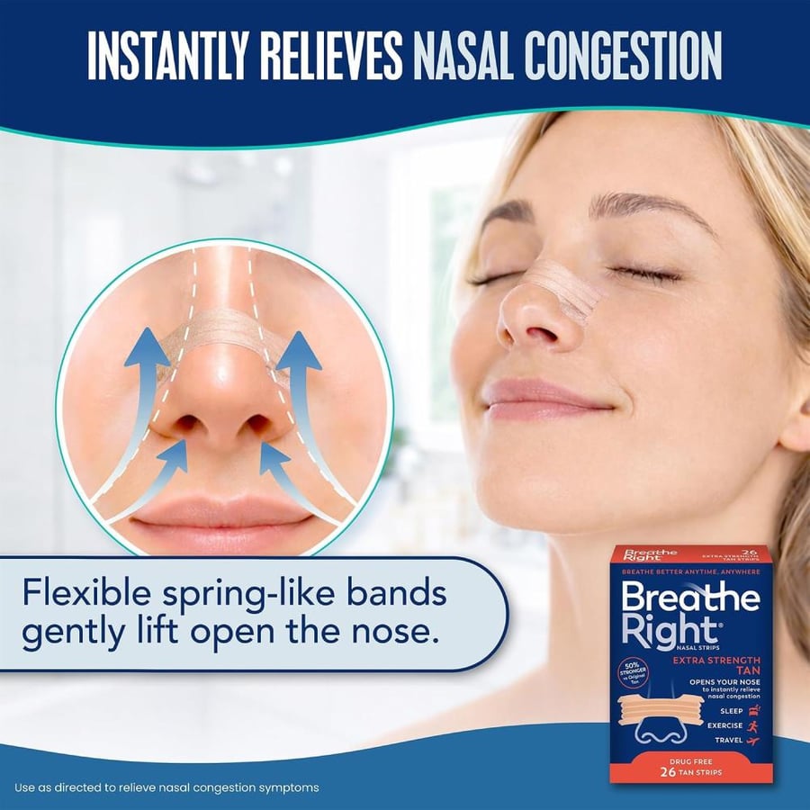 Breathe Right Nasal Strips | Extra Strength | Tan Nasal Strips | Help Stop Snoring | Drug-Free Snoring Solution & Instant Nasal Congestion Relief Caused by Colds & Allergies | 26 Count