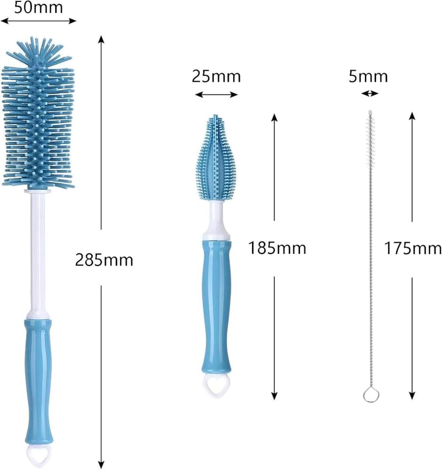 ToolHouse 3-In-1 Straight Handle Silicone Bottle Brush, Portable Water Bottle Cleaner, Hangable Bottle Cleaning Brush Kit with Bottle Brush, Straw Brush, Nipple Brush (Blue)