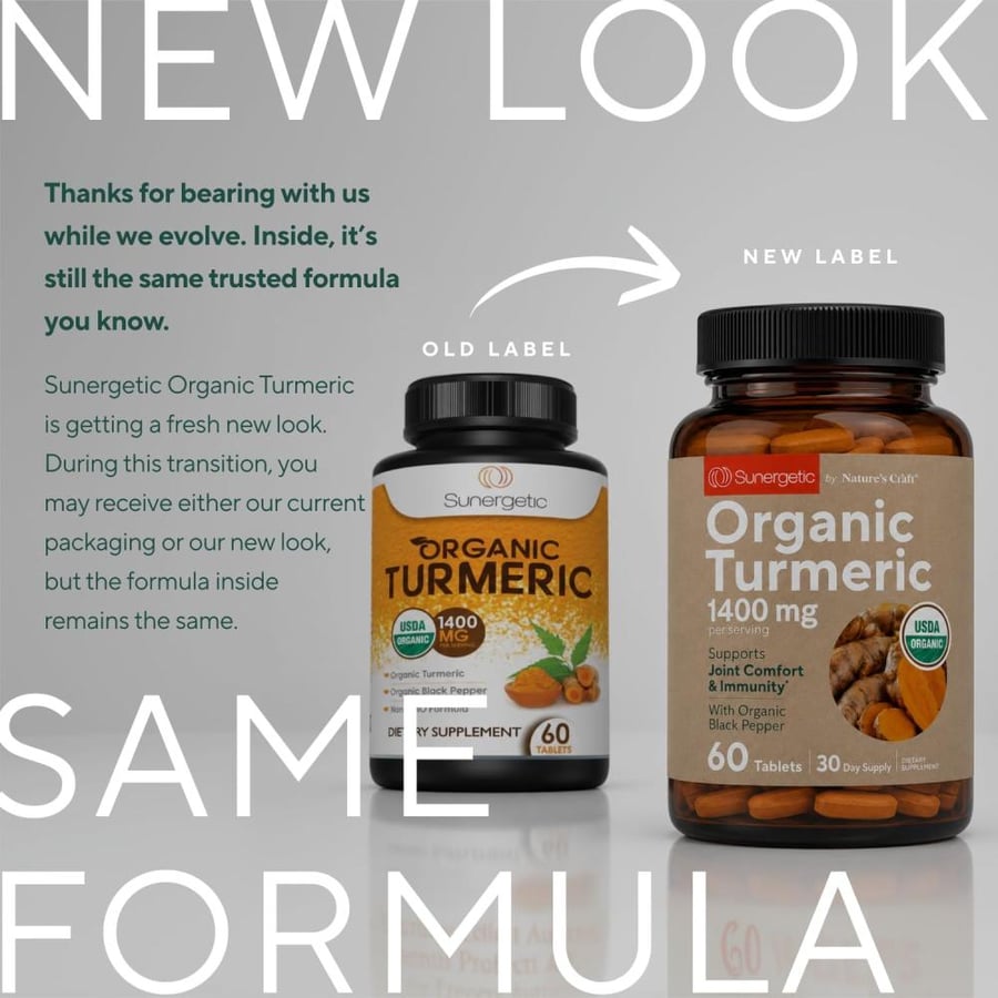 Sunergetic USDA Certified Organic Turmeric Supplement – Includes Organic Turmeric & Organic Black Pepper – 1,400mg of Turmeric per Serving - 60 Count (Pack of 1)