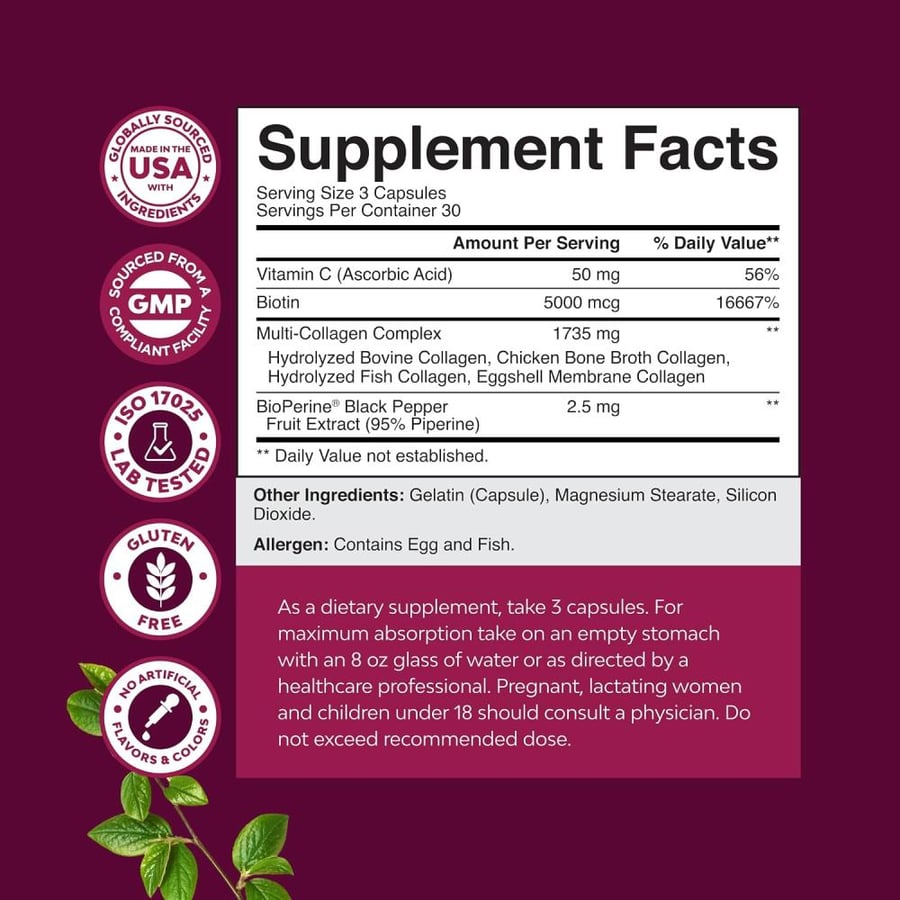 Advanced Multi Collagen Complex - Biotin and Collagen Supplement for Men and Women with BioPerine and Vitamin C - Type 1 2 3 5 & X Collagen Pills for Bone and Joint Support Hair Skin and Nails