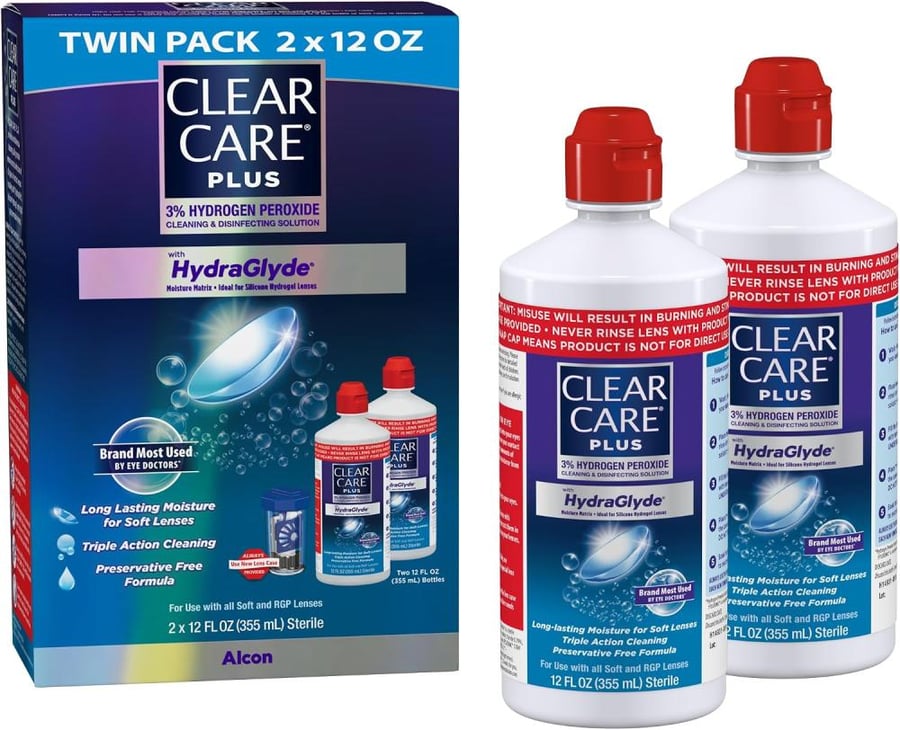 محلول Clear Care Plus لتنظيف العدسات اللاصقة مع علبة العدسات، 12 أونصة، عبوتان