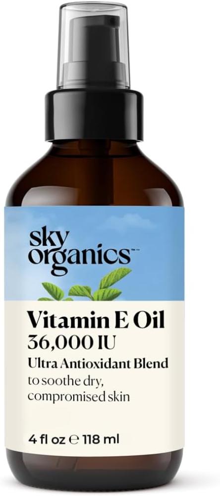 Sky Organics Vitamin E Oil for Face, 36,000 IU Ultra Antioxidant Blend to Deliver Reparative Moisture and Soothe Dry, Damaged & Compromised Skin, 100% Pure Cold-Pressed Facial Oil, 4 fl oz