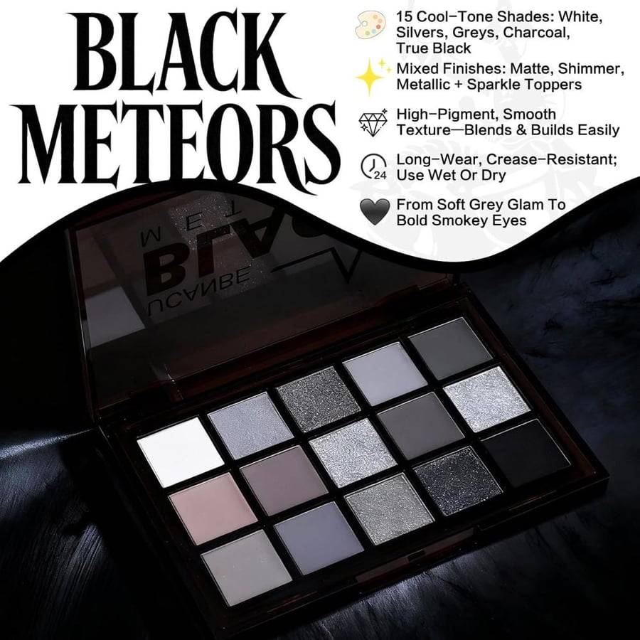 UCANBE Goth Eyeshadow Black 15 Colours - Smokey Eyeshadow Palette Matt Shimmering Personality - Gothic Make Up Palette Halloween High Colour Rendering Waterproof Durable (Black Meteors)