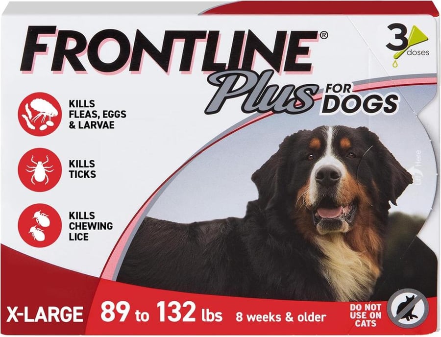 Frontline Plus Flea and Tick Treatment for Extra Large Dogs 89-132 lbs, 3 Monthly Topical Doses, Fipronil 9.8% and (S)-Methoprene 8.8%, Kills Adult Fleas Ticks Eggs and Larvae, 30-Day Waterproof