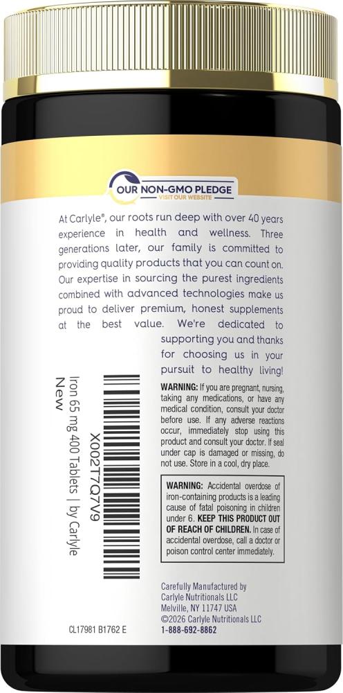 Carlyle Iron Ferrous Sulfate 65 mg | 400 Tablets | Non-GMO, Gluten Free, and Vegetarian Supplement | High Potency |