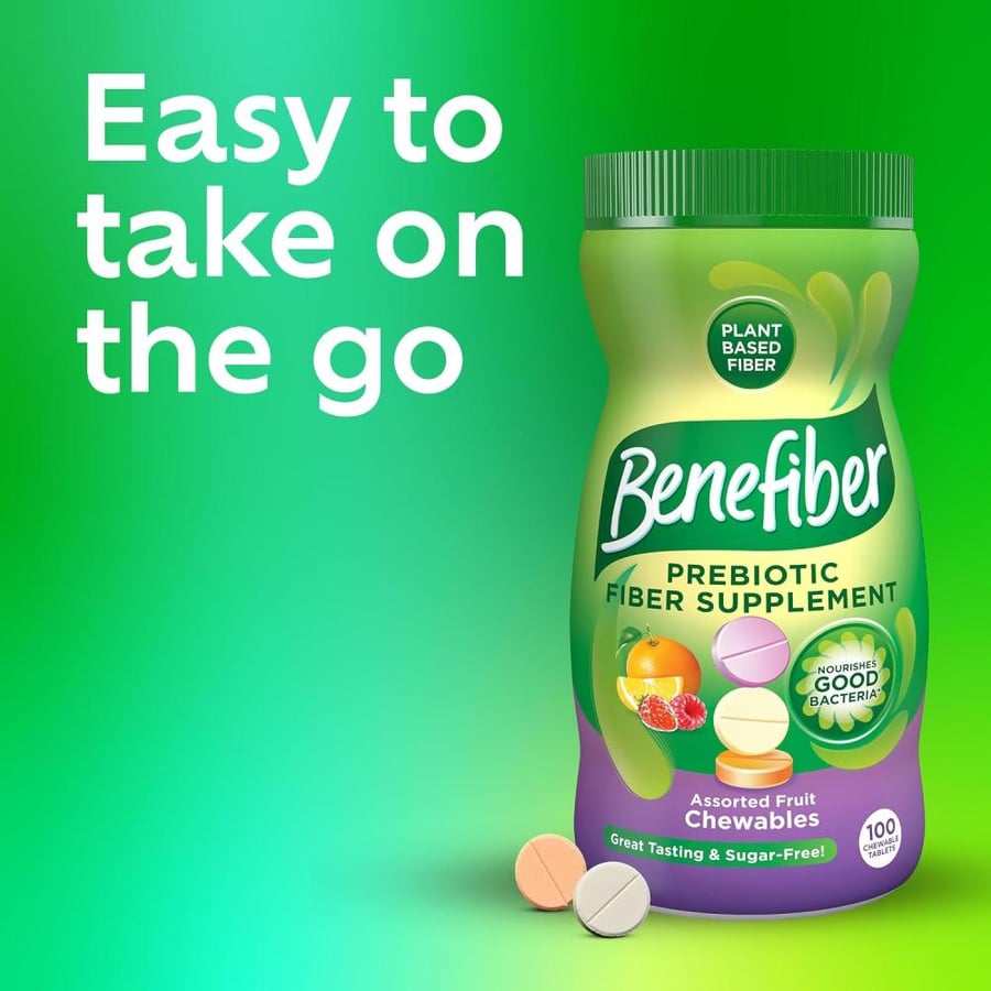 Benefiber Prebiotic Fiber Supplement for Digestive Health, Assorted Fruit Chewable Fiber Tablets - 100 Count