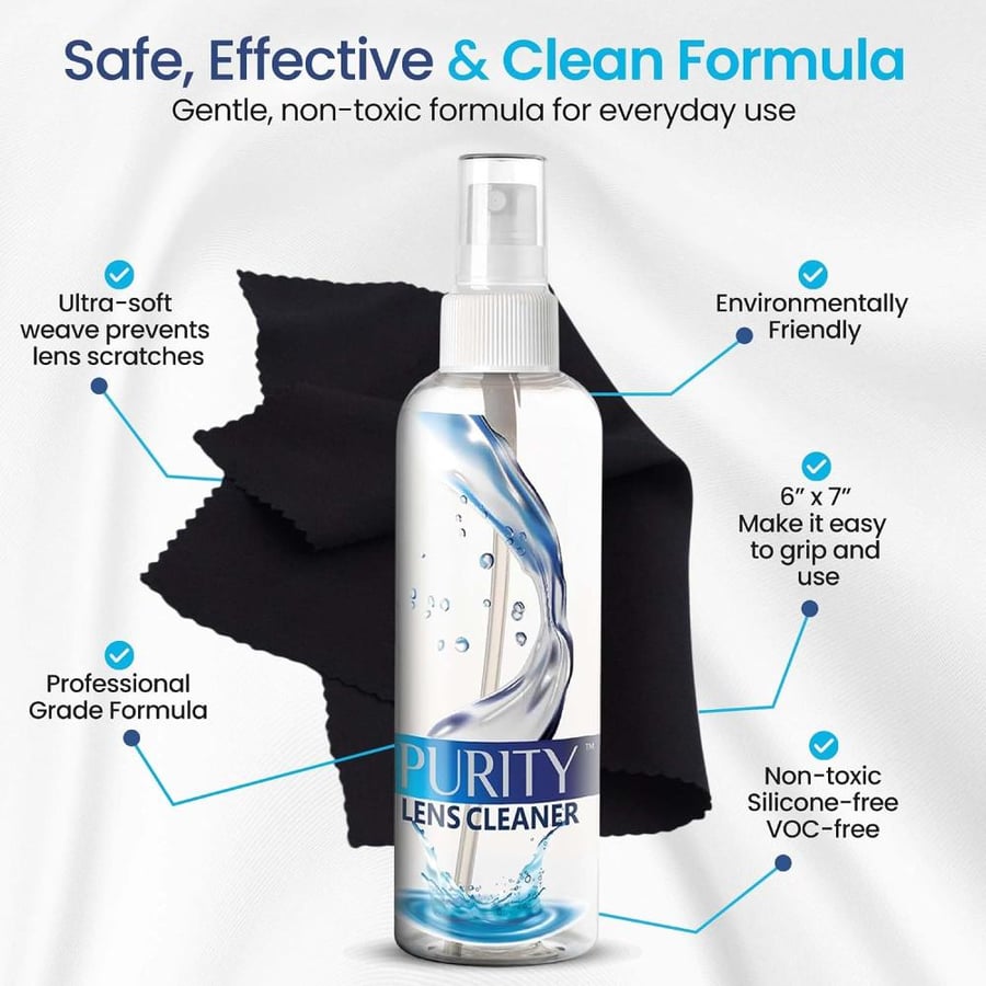 Purity Lens Cleaner Eyeglass Kit - 2 x 8oz and 1 x 2oz Spray Bottle + 2 Microfiber Cleaning Cloths - Safe for All es (AR Coated Included), Eyeglasses and Screens - Clear
