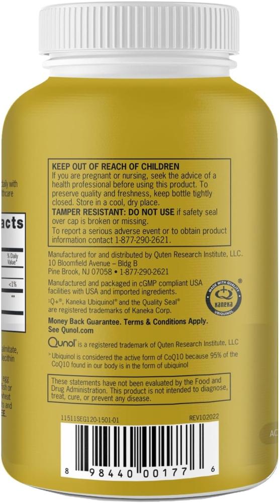 Ubiquinol CoQ10 100mg Softgels, Qunol Ubiquinol 100mg - Active form Of Coenzyme Q10, Beneficial To Statin Users, 4 Month Supply - 120 Count