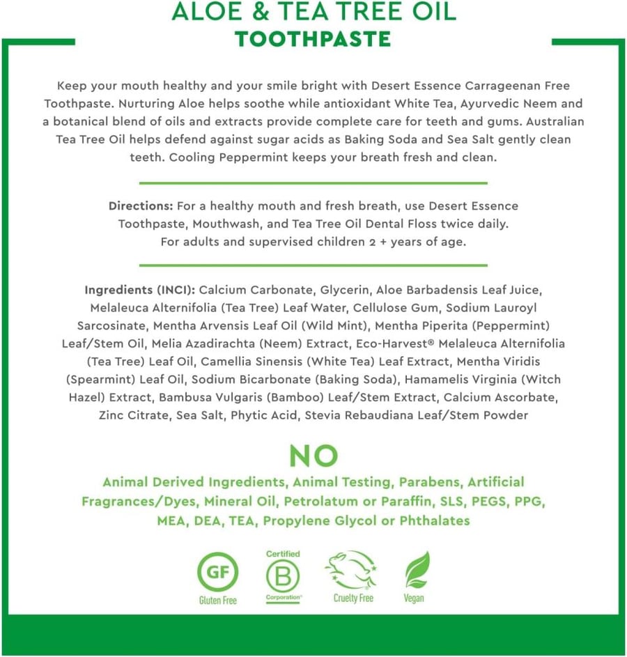 Desert Essence Aloe & Tea Tree Oil Toothpaste - Peppermint - Ideal For Sensitive Teeth & Gums - Complete Oral Care - Aloe - Tea Tree Oil - Baking Soda - Refreshes Breathe - Carrageenan Free