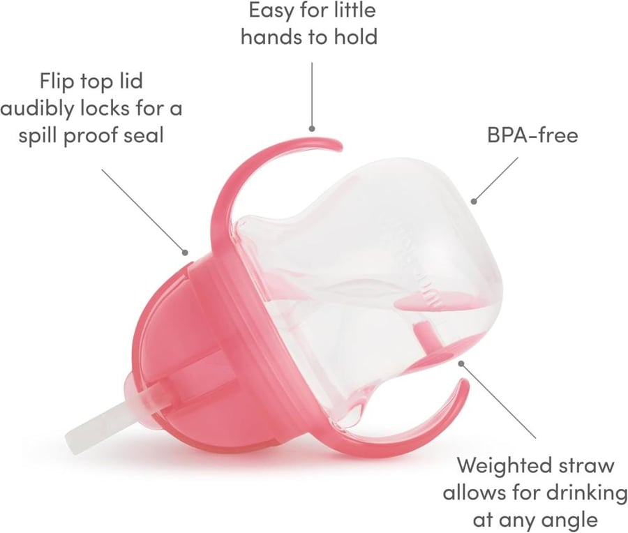Munchkin Any Angle Click Lock Weighted Straw Trainer Cup, Pink, 7oz *Waterproof Labels Included to Personalise Your Little One's Cup
