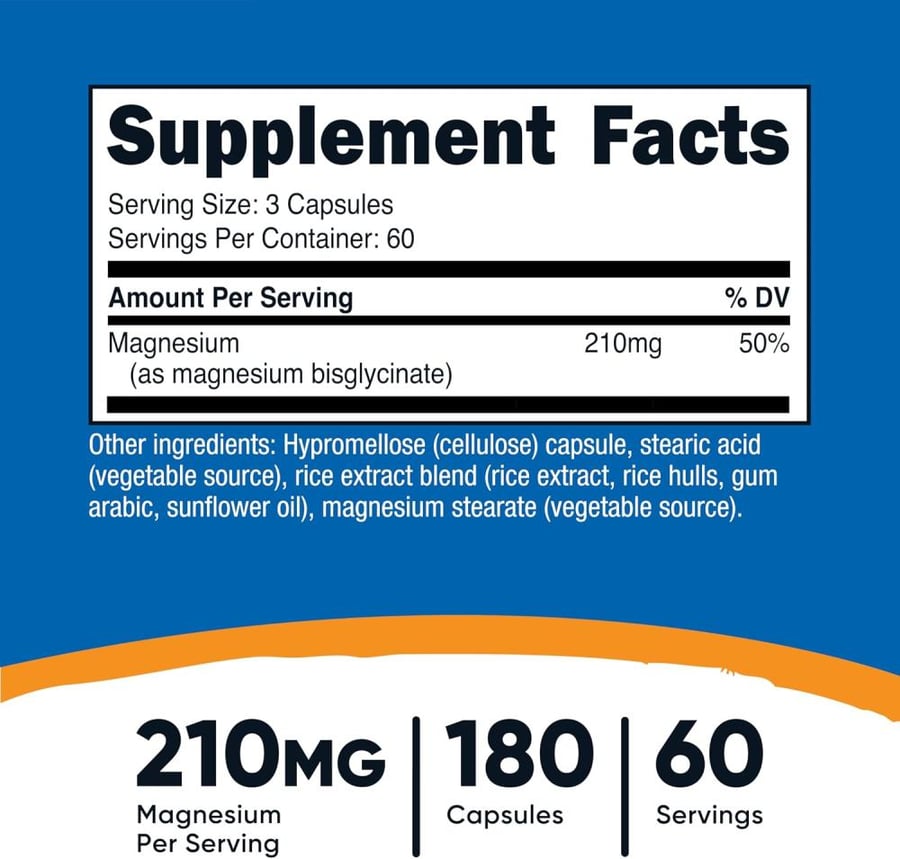 Nutricost Magnesium Glycinate Capsules (180 Capsules, 210 mg Magnesium Glycinate Per Serving) - Magnesium Glycinate Supplement for Gentle Absorption