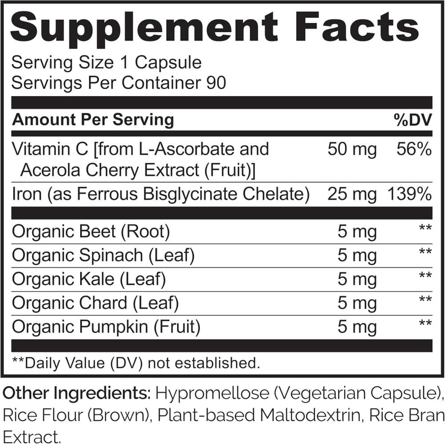 NATURELO Vegan Iron Supplement with Whole Food Vitamin C - Best Natural Iron Pills for Women & Men w/Iron Deficiency Including Pregnancy, Anemia and Vegan Diets - 90 Mini Capsules