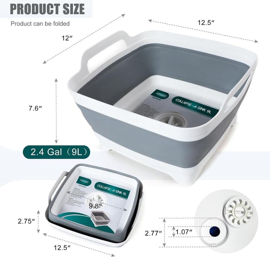 FOSJGO 2.4 Gal(9L) Collapsible Dish Basin with Drain Plug,Space Saving Multiuse Foldable Sink Tub,Dishpan,Kitchen Sink for Camping,Plastic Tub,Vegetable Washing,Beverage Tubs