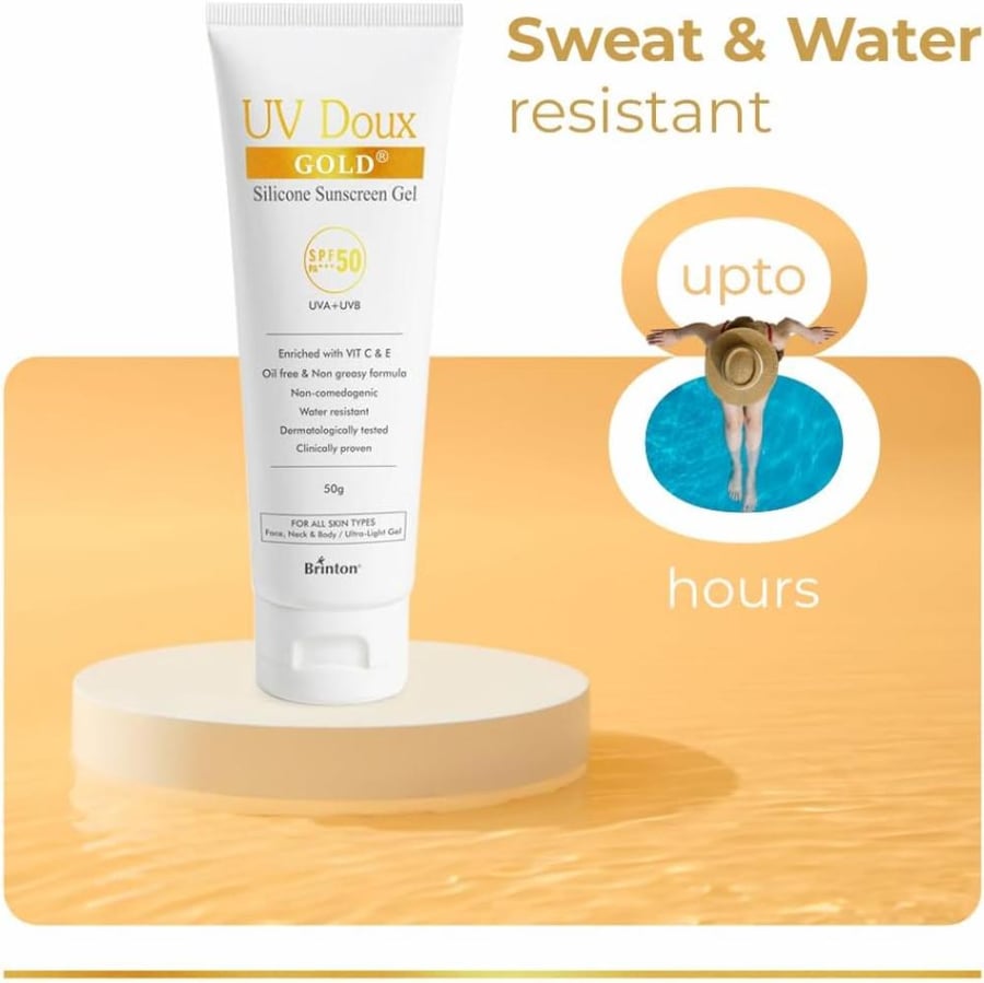 UV Doux Gold Silicone Sunscreen Gel SPF 50 PA+++|With Vitamin C & E|Broad Spectrum UVA/UVB Protection|Anti-Aging, Antioxidant-Rich, Water-Resistant Gel for Hyperpigmentation|Benzene-Free|50g