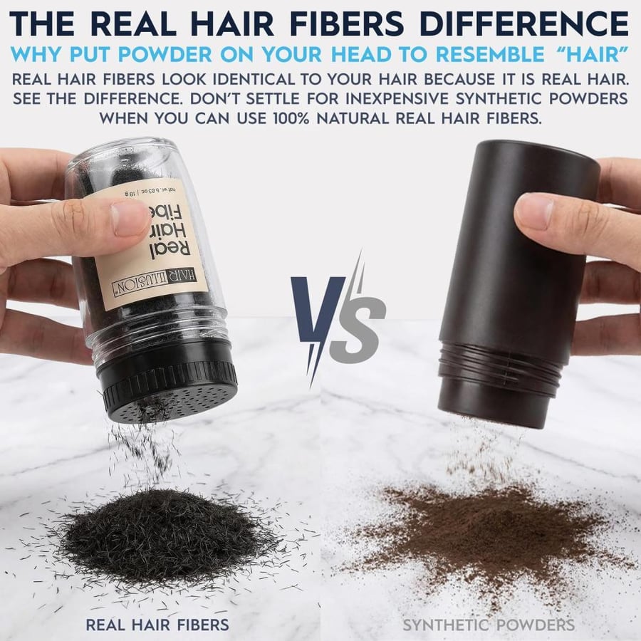 Hair Illusion Black Real Hair Fibers for Thinning Hair - 100% Natural Texture, Non Synthetic Hair Fibers - Bald Spot Cover Up for Women & Men - 18 Gram