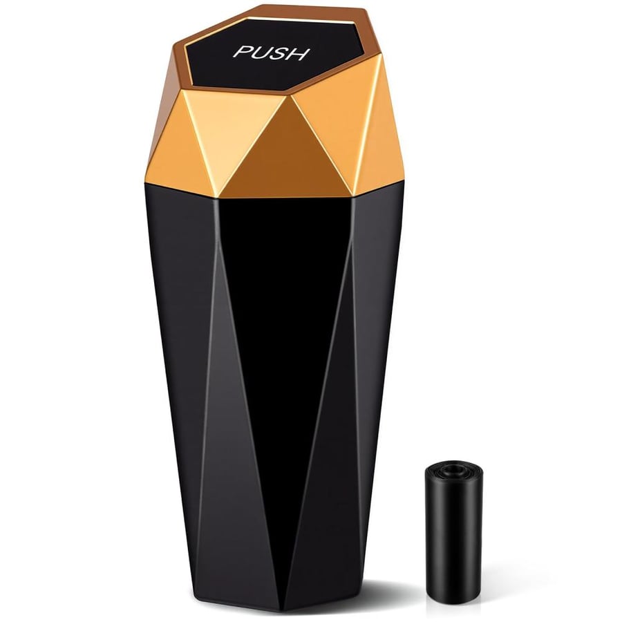 JUSTTOP Car Trash Can with Lid, Mini Diamond Design Portable Trash Can, Plastic Material and Multipurpose Organizers for Car,Home,Office(Gold)