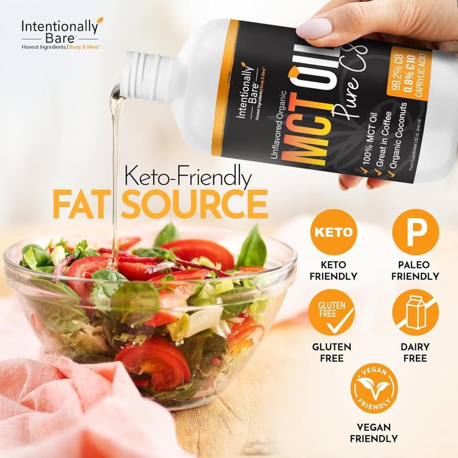 Intentionally Bare Pure C8 Organic MCT Oil - Keto, Paleo, Vegan - Coffee, Shakes, Salads – 100% MCT Oil – Unflavored - 32oz