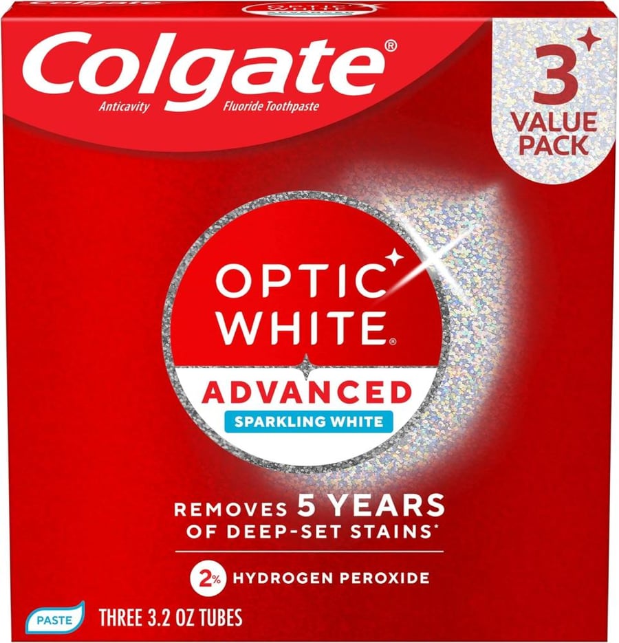 Colgate Optic White Advanced Teeth Whitening Toothpaste, Sparkling White - 3.2 ounce (3 Pack)