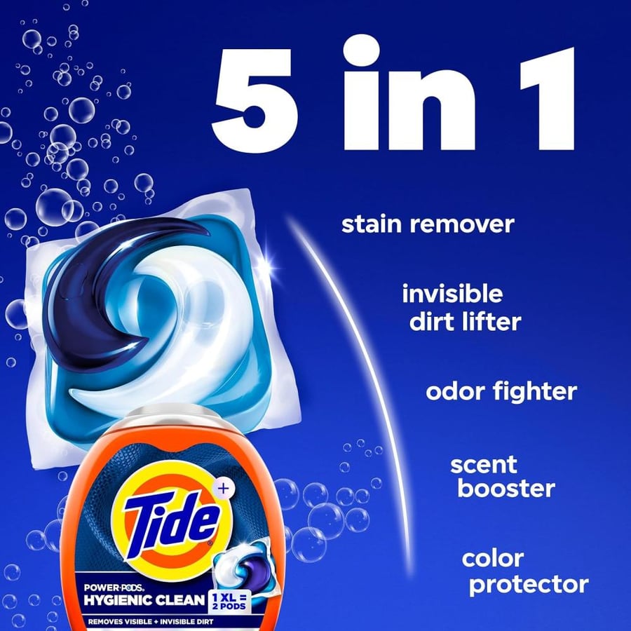 Tide Power PODs Hygienic Clean Heavy Duty Liquid Laundry Detergent Pacs HE Compatible 45 Count Hypoallergenic Free and Clear of Dyes and Perfumes For Visible and Invisible Dirt