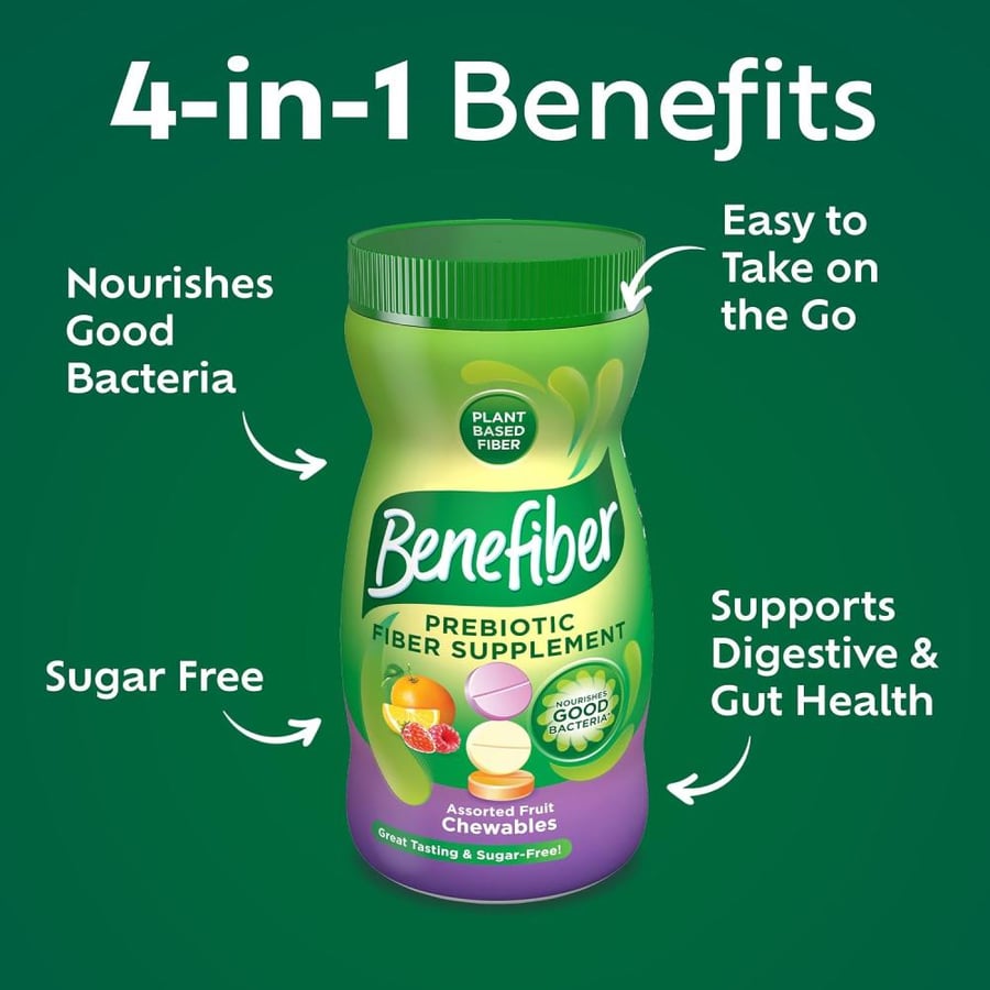 Benefiber Prebiotic Fiber Supplement for Digestive Health, Assorted Fruit Chewable Fiber Tablets - 100 Count