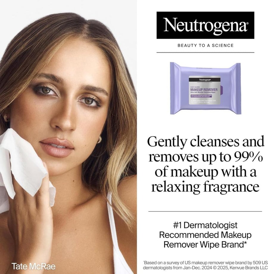 Neutrogena Makeup Remover Night Calming Cleansing Towelettes, Disposable Nighttime Face Wipes to Remove Dirt, Oil & Makeup, 25 ct, Twin Pack