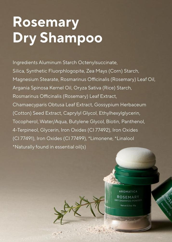 AROMATICA Rosemary Dry Shampoo Powder 10g/0.3oz - Travel Size Dry Shampoo with Panthenol and Biotin For Hair | Non aerosol & Talc Free