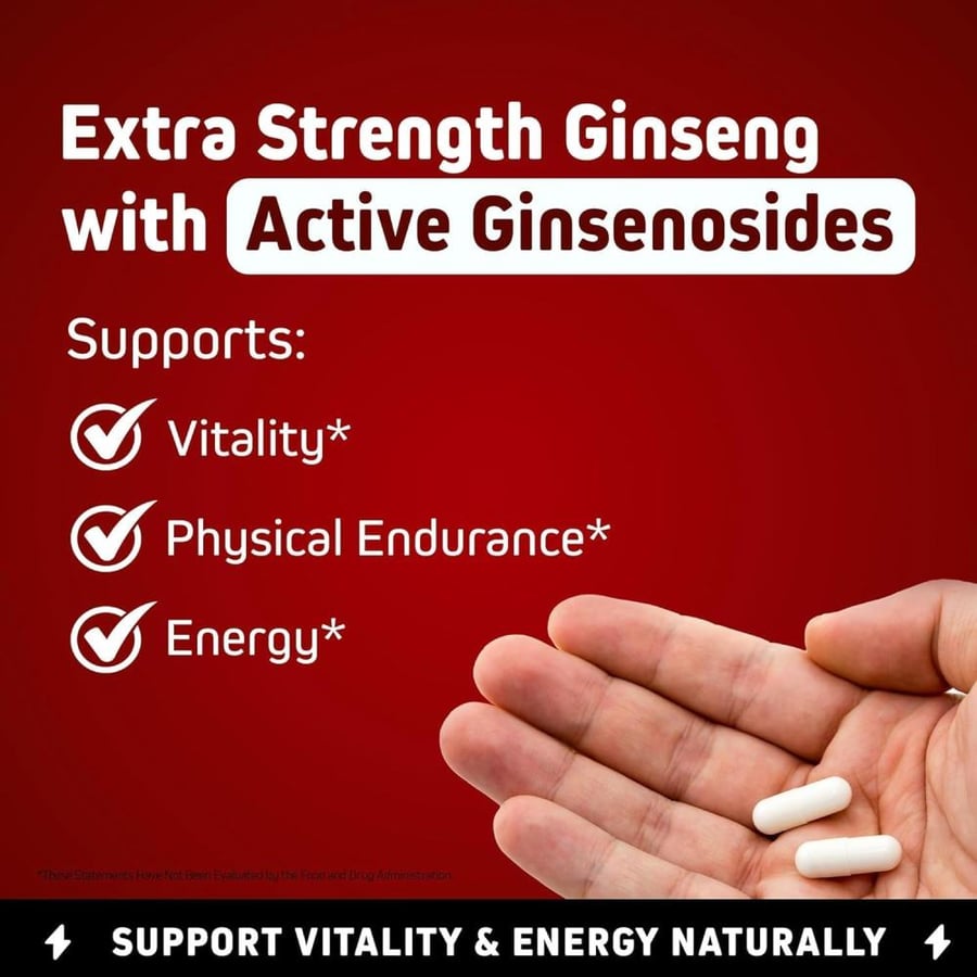 High Strength Korean Red Panax Ginseng Capsules 1500 mg Supplement -120 Vegan Pills High Ginsenosides Powder Extract to Boost Energy, Endurance, Mood, Performance