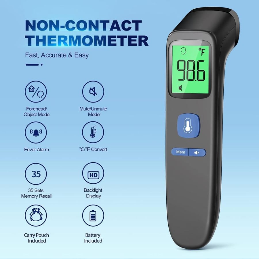 GoodBaby Non-Contact Thermometer for Adults and Kids - Digital Forehead With Fever Alarm, Silent Mode, 35-Set Memory, Forehead/Object 2 in 1 Mode - FSA/HSA Eligible