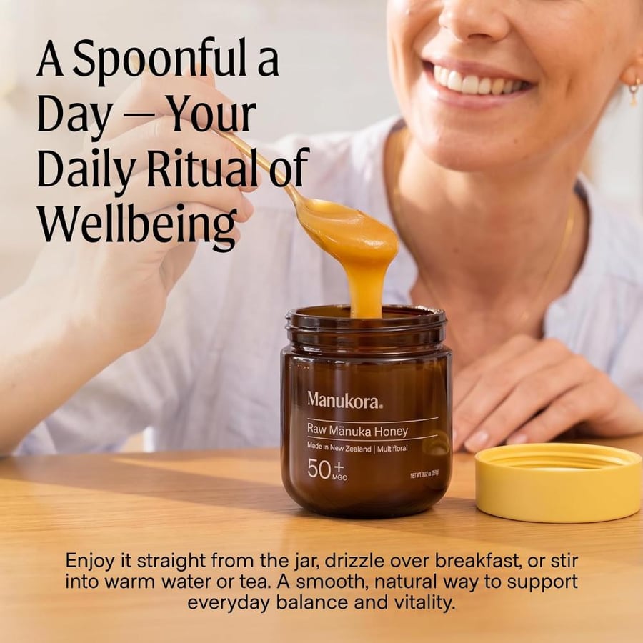 Manukora Raw Manuka Honey MGO 50+, New Zealand Honey, Non-GMO, 3rd-Party Tested, Glyphosate Residue Free Certified, 2000+ Natural Compounds, Traceable from Hive-to-Hand, Daily Wellness Support – 250g