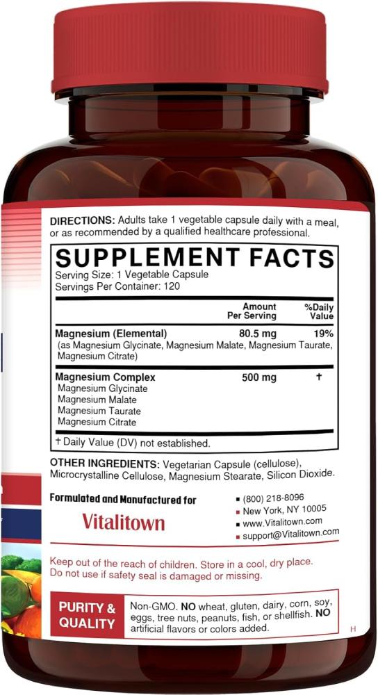 Vitalitown Magnesium Complex, Magnesium Glycinate, Malate, Taurate & Citrate, Chelated Forms, High Absorption, Bone, Heart, Muscle, Immune, Energy, Sleep & Digestion, Non-GMO
