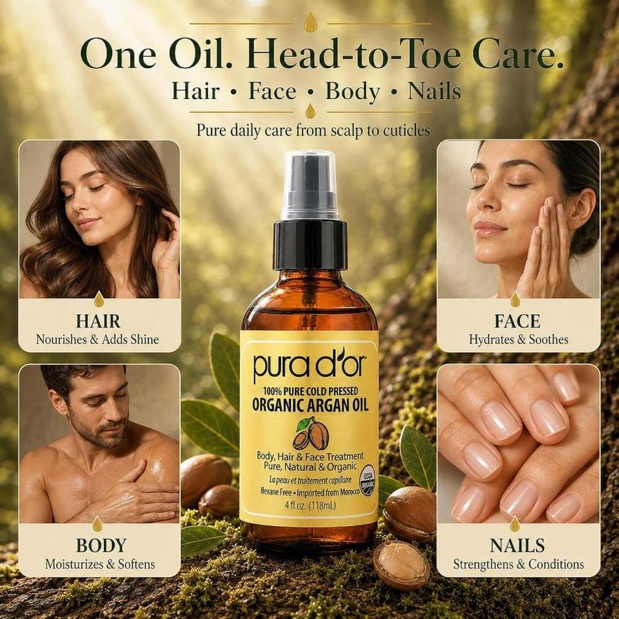 PURA D'OR Organic Moroccan Pure Cold Pressed Virgin Premium Grade Moisturizer Treatment for Dry & Damaged Skin, Argan Oil, 4 Fl Oz