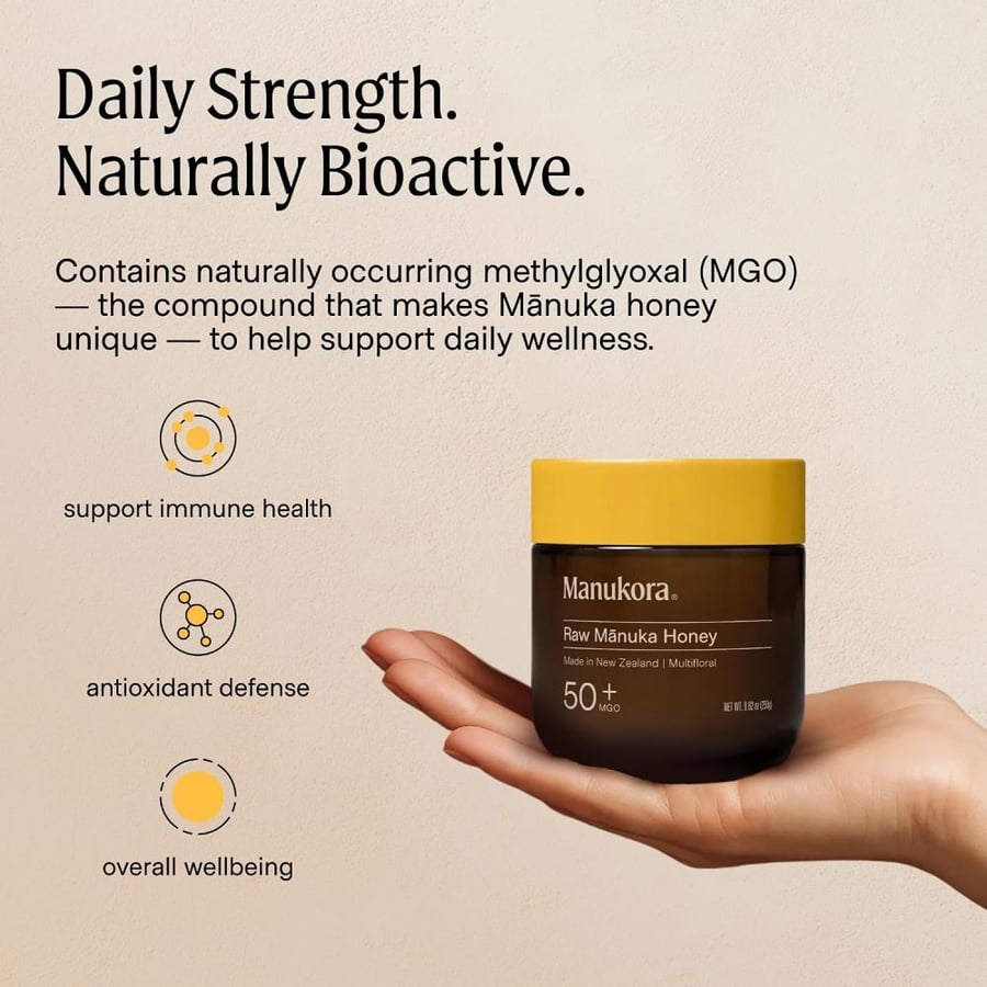 Manukora Raw Manuka Honey MGO 50+, New Zealand Honey, Non-GMO, 3rd-Party Tested, Glyphosate Residue Free Certified, 2000+ Natural Compounds, Traceable from Hive-to-Hand, Daily Wellness Support – 250g
