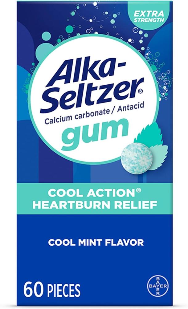 Alka-Seltzer Cool Action Heartburn Relief Gum, Extra Strength Antacid Gum, Acid Indigestion and Upset Stomach Relief, No Chalky Taste, Cool Mint Flavor, 60 Count