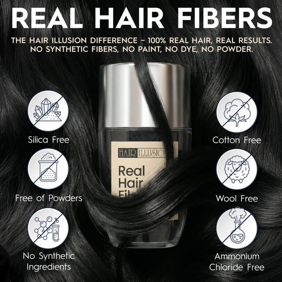 Hair Illusion Black Real Hair Fibers for Thinning Hair - 100% Natural Texture, Non Synthetic Hair Fibers - Bald Spot Cover Up for Women & Men - 18 Gram