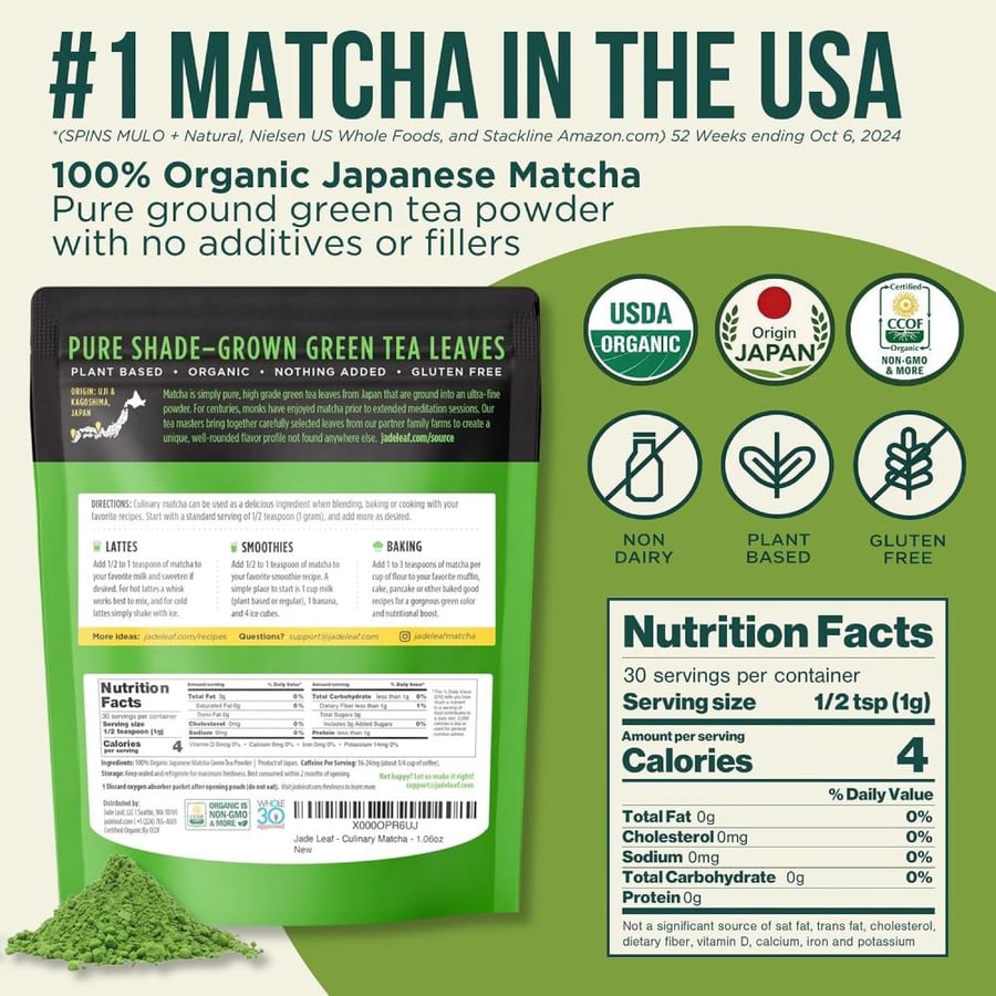 Jade Leaf Matcha Powder, Organic Culinary Grade, 30g / 1.06oz