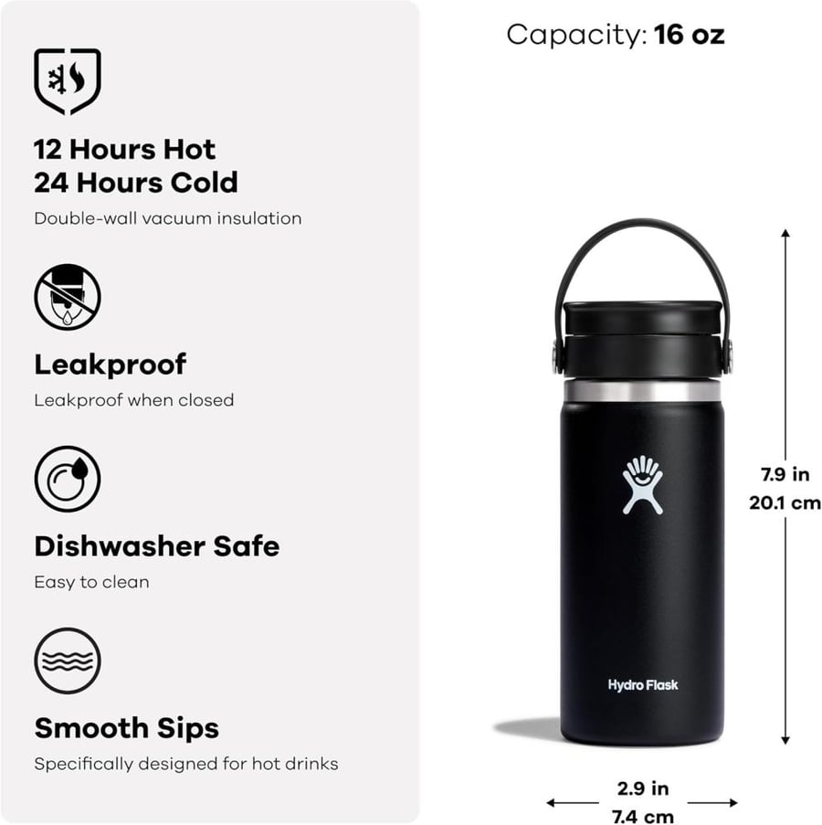 Hydro Flask Wide Mouth with Flex Sip Lid | 16 oz Insulated Water Bottle & Travel Coffee Mug | TempShield Double Wall Vacuum Insulated | Leakproof, BPA-Free, Stainless Steel | Dishwasher Safe